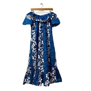 KY’S Hawaii Blue & White Floral Off The Shoulder Ruffle Maxi Dress Small